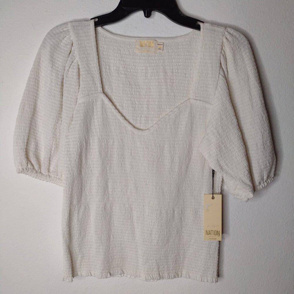Nation LTD Cream Smocked Square Neck Puff Sleeve Top